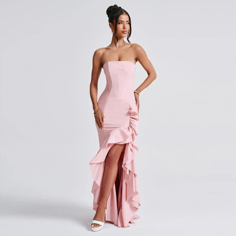 Epoch Crepe Long Evening Dress Elegant Straight vestidos de festa Ruffles Strapless Cocktail Prom Gown With Slit Customized