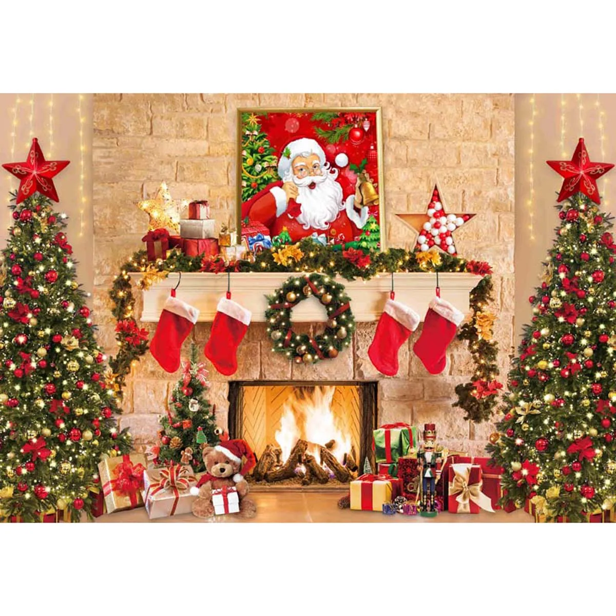 Allenjoy Santa Claus Christmas Fireplace Photo Backdrop