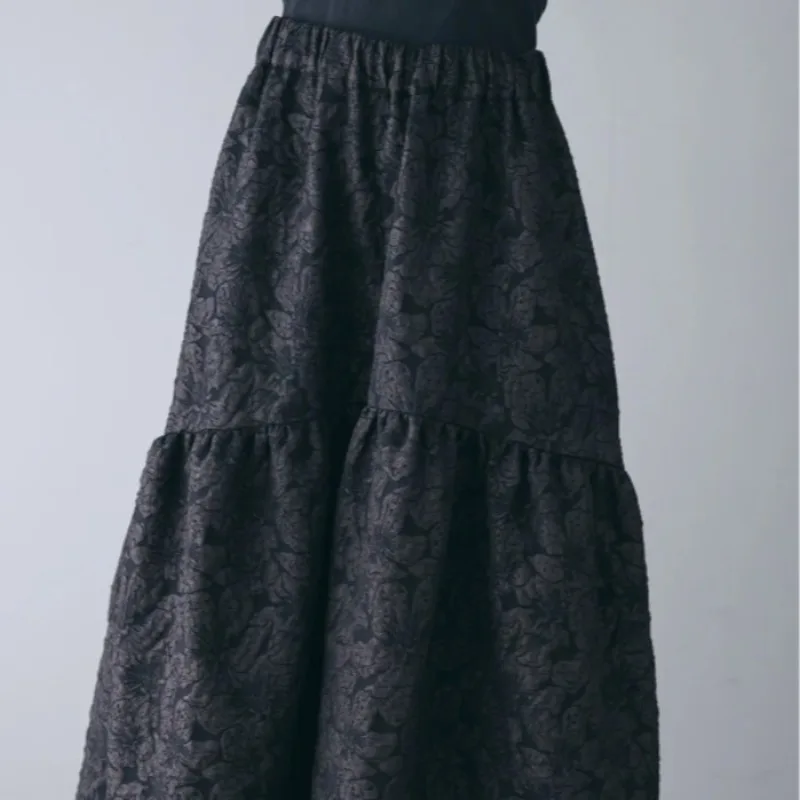 Jupe Jacquard à fleurs noires pour femmes, style vintage, coupe trapèze, taille haute, mi-longue, printemps automne 2025