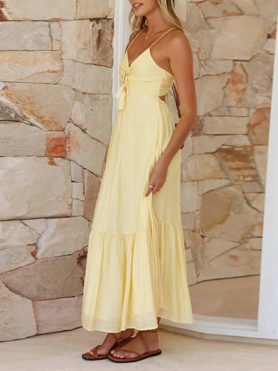 Vestido longo com cami feminino, monocromático, cinta de espaguete, gravata recortada, sem encosto na frente, vestidos finos, festa na praia, feriado, verão