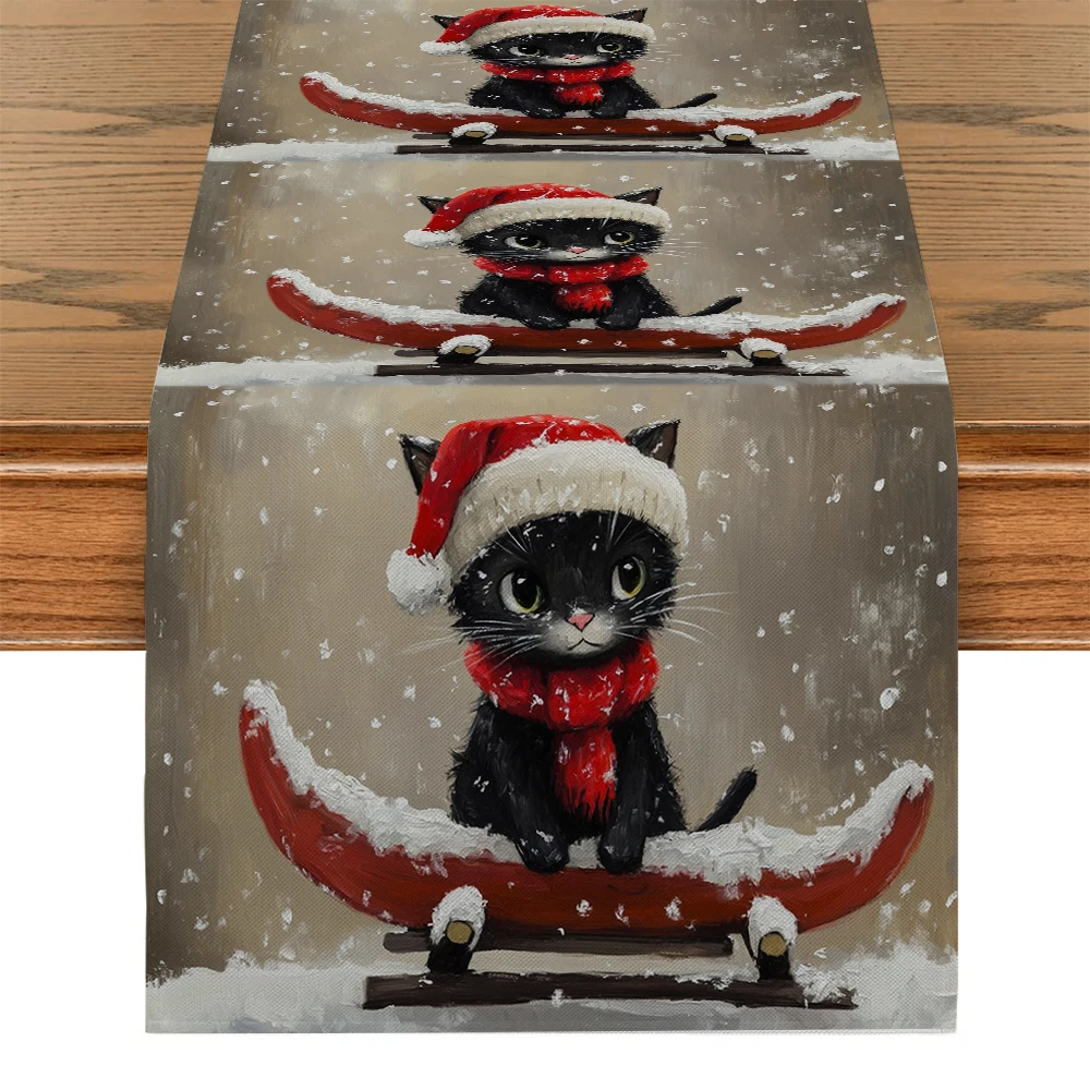 Christmas Snowboard Snowflake Cat Table Runners Dresser Decor for Kitchen Holiday Party Table Runner Washable Dining Long Cloth