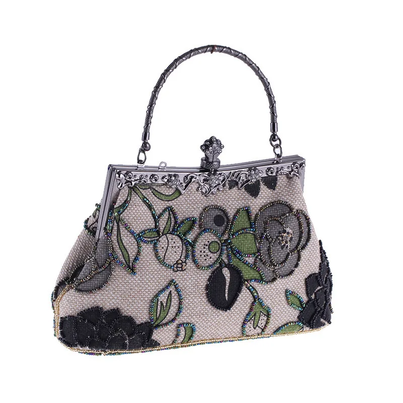 Boutique  Chinese Style Embroidery Floral Women Beaded Evening Purse Bridal Flower Clutch Bag Wedding Party Frame Handbag view 6
