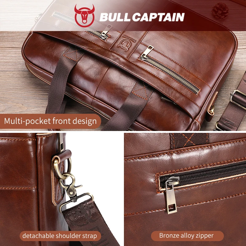 BULLCAPTAIN 남성용 서류 가방, 하이 퀄리티 비즈니스 가죽 숄더 메신저 백, 사무실 핸드백, 14 인치 노트북 가방