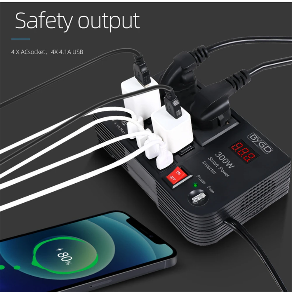 300W Car Inverter DC12V to AC220V Converter 4 USB Port Universal Socket Car Fast Charger Adapter with Digital Voltage Display