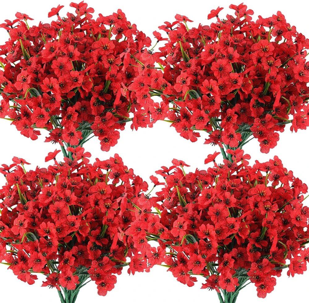 14Pcs Artificial Flowers Outdoor Red Fake Flowers UV Resistant No Fade Faux Outdoor Plants Garden Porch Window Box Decor