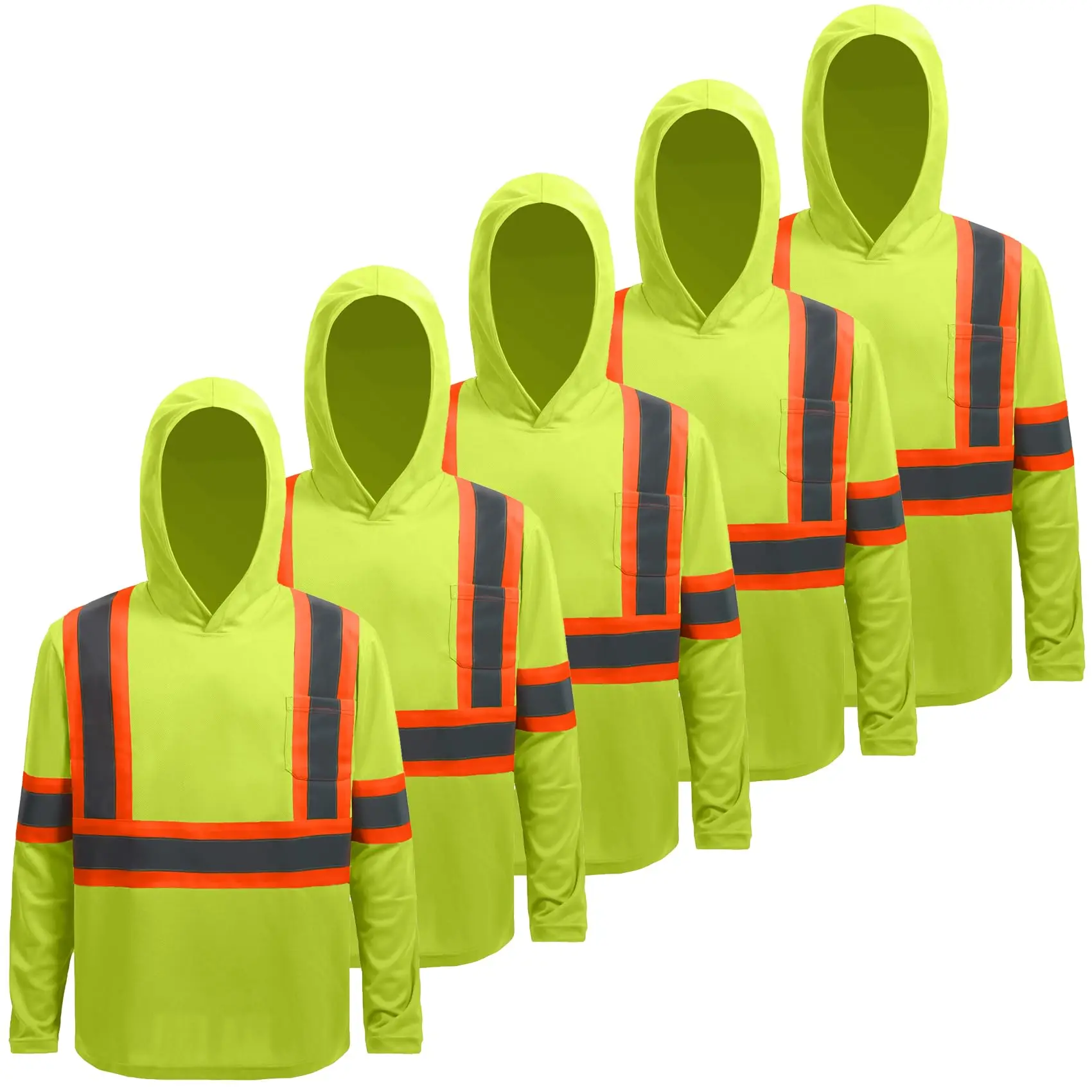 5 Pack Safety Long Sleeve T-Shirt With Hood for Men High Visibility Construction Work Long Shirt Reflective Strips Quick Dry T Shirt