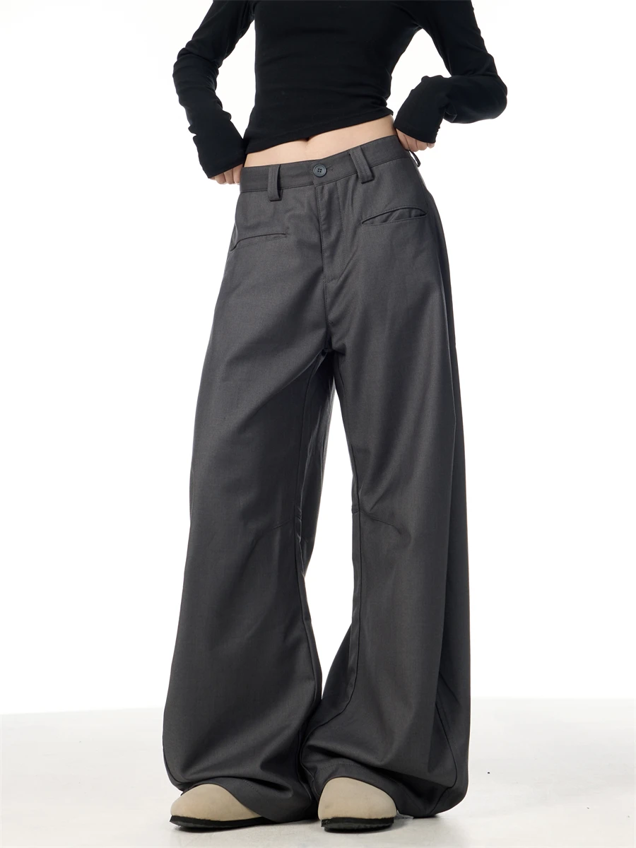 

Gray Wide Leg Suit Pants Women's Casual Straight Floor-Length Trousers Spring Autumn Hong Kong Style Retro High-End Feel
