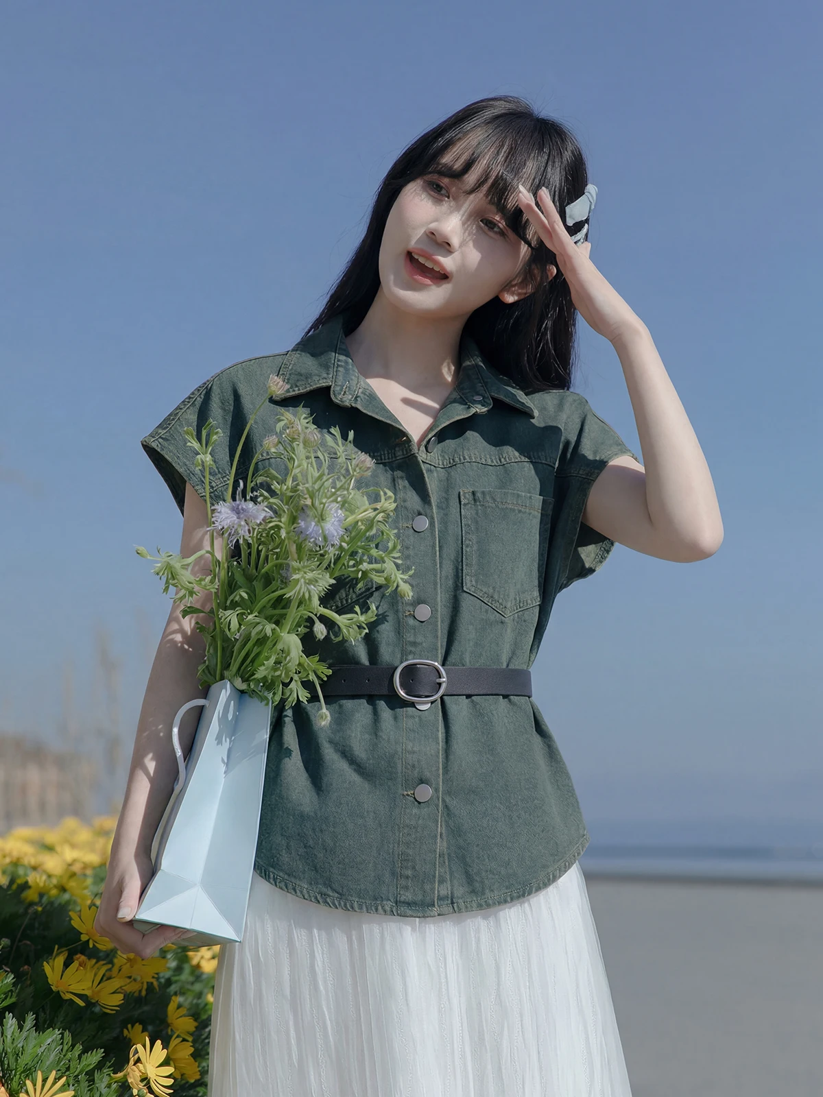 

Slimming Blue Denim Short Jacket Women's Summer Waist-Cinching Belted Collared Slimming Age-Defying Top Coat Korean Style