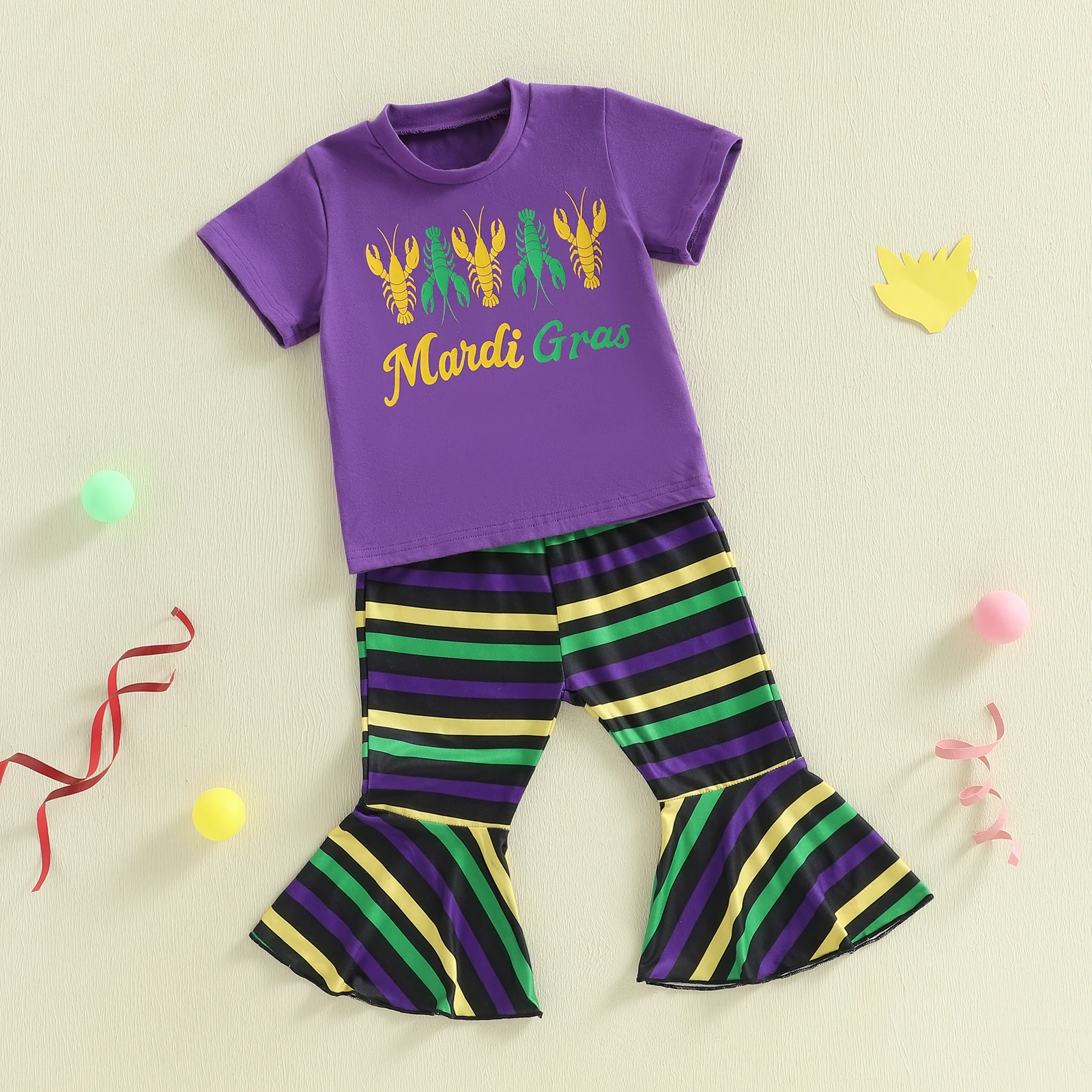 الأطفال طفلة Mardigras جراد البحر إلكتروني طباعة ملابس رسمية طفل القطن تي شيرتات قصيرة الاكمام مخطط مضيئة السراويل 2 قطعة مجموعة