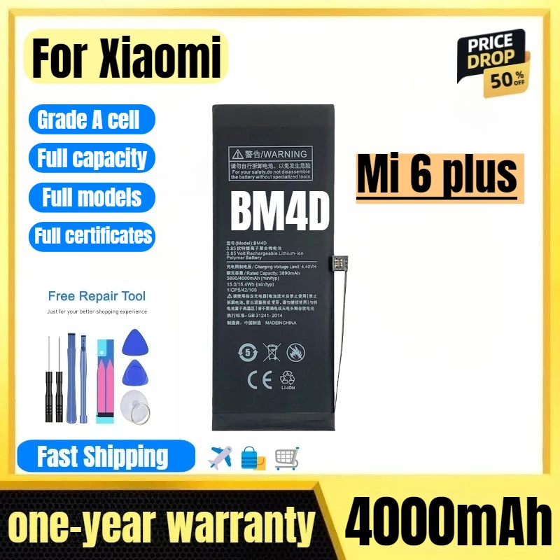 BM4D for Xiaomi Mi 6 plus Mobile Phone Battery High Quality High Capacity Battery Replacement Bateria Grade A Cell with Tools