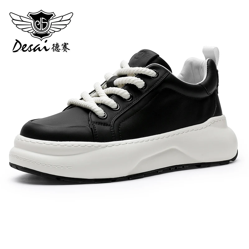 DESAI Full Grain Leather Casual Shoes For Men Thick Bottom White Color Sneakers Breathable 2023 Fashion New Arrival