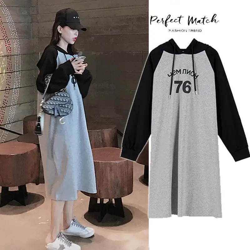 

Spring Autumn Contrast Patchwork T Shirt Dress Long Sleeve Hooded Print Letter Loose Casual Dresses Korean Fashion Women Clothes