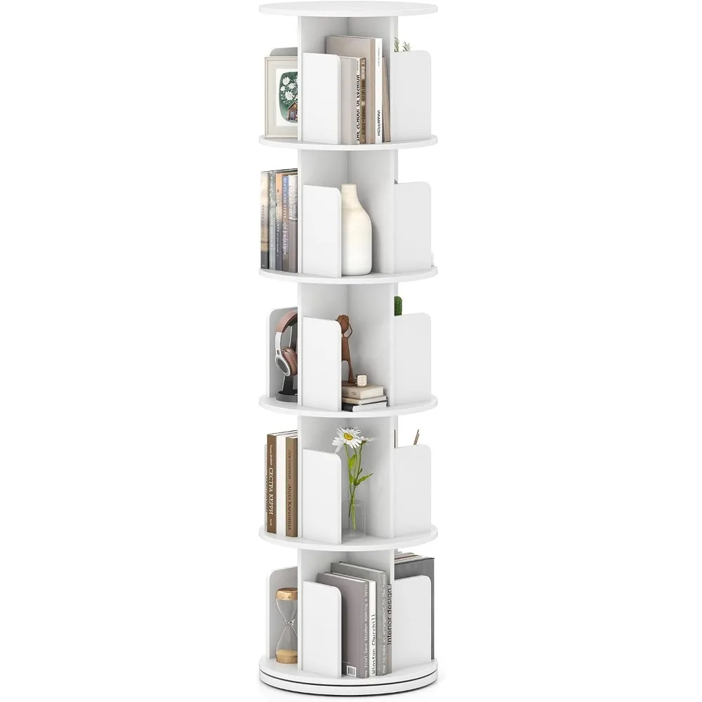 

5-Tier Rotating Bookshelf, 360° Display Rack w/Dividers & Anti-Falling Baffles, Multifunctional Narrow Floor Standing Bo