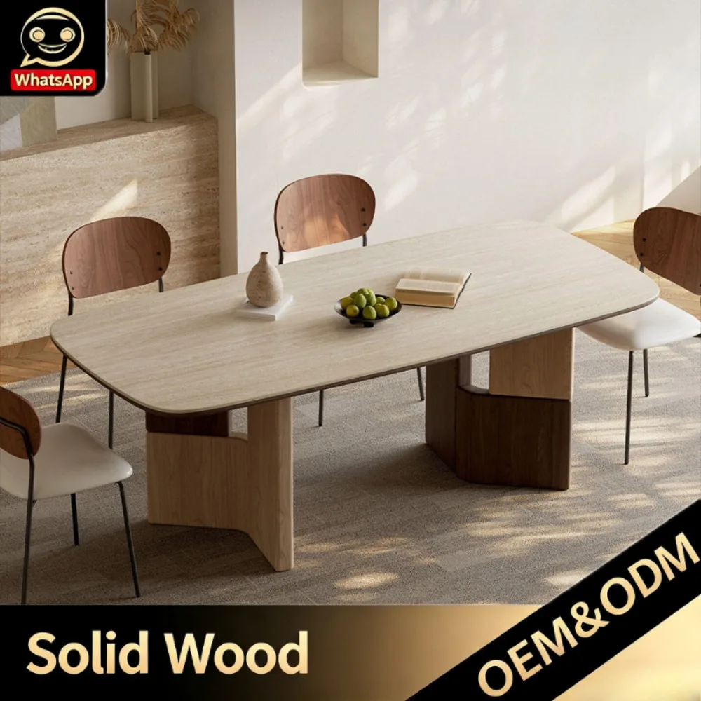 Mid Century Designer Travertine Dining Table, Rectangular Table with Two-tone Asymmetric Solid Wood Base Home Dining Furniture