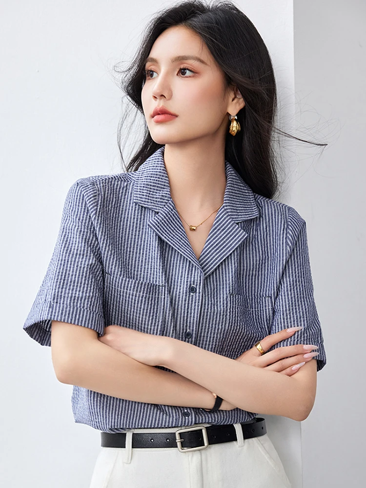 

Harajuku Style Summer Women's Shirts Short Sleeve Suits Collar Blue Striped Female Blouse Office Lady Elegant Shirts