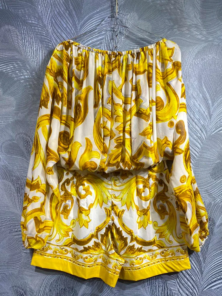 SEQINYY Elegant Yellow Suit Summer Spring New Fashion Design Women Runway Silk Loose Top + Cotton Shorts Vintage Flower Print