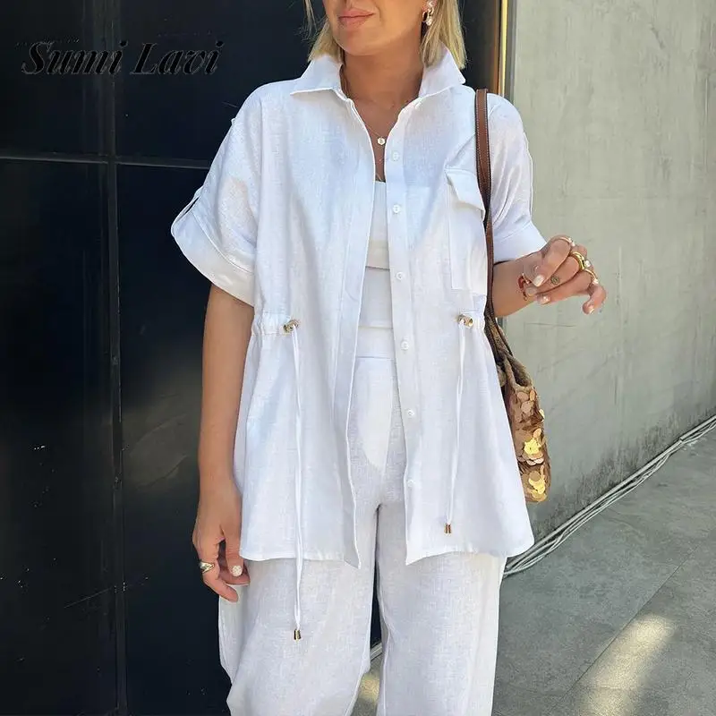 

Office Fashion Drawstring Work Style Outfits Casual Pocket Short Sleeve Wide Leg Suit Women Elegant Lapel Button Shirt & Pant Se