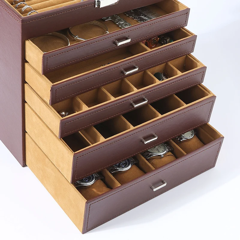 Multi Schicht Schmuck Lagerung Box Organizer Große Schublade Holz Pu Leder Ohrringe Ring Lagerung Boxen Schmuck Displays Schaufenster