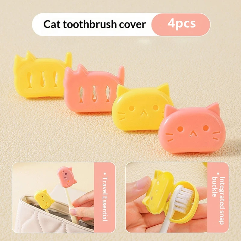 

4 Pcs Cat Shape Travel Toothbrush Head Covers Protector Cap Case Protective Portable Plastic Clip For Household Travel