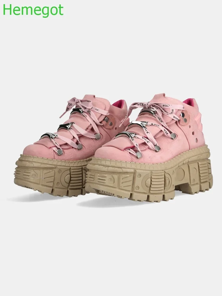 Punk Metal Rivet Short Boots Round Thick Sole Fashion Boots 2024 Spring New Pink Street Style Lace Up Casual Women Ankle Shoes