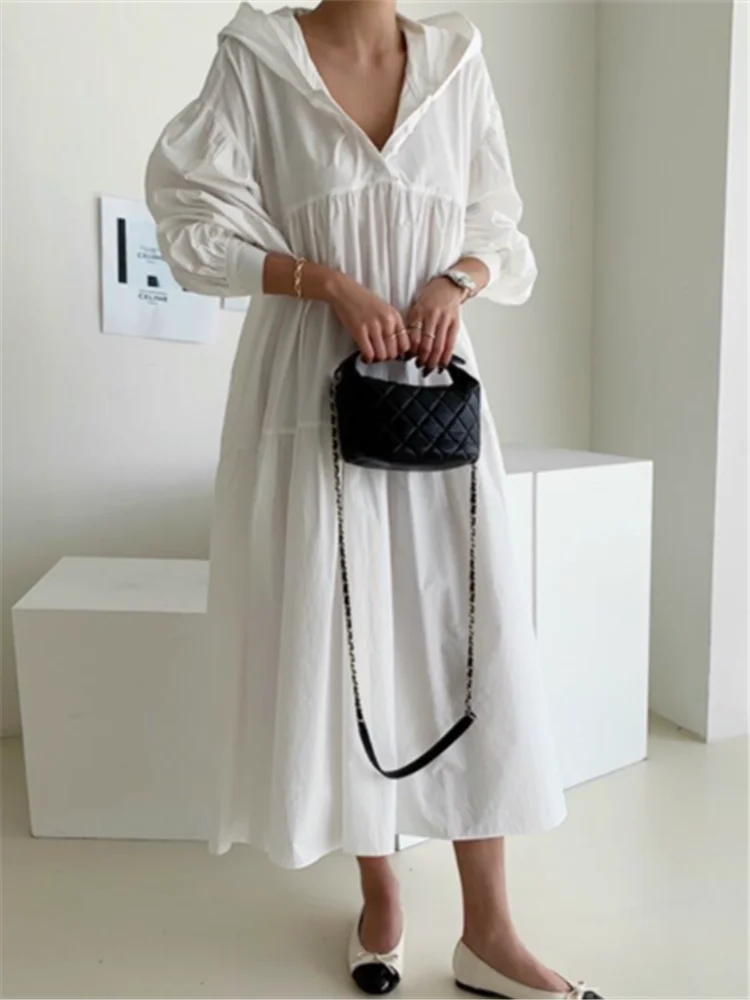 REALEFT 2023 New Hooded Oversize Women's Shirts Dresses Puff Sleeve Solid Casual Loose Straight Long Dress Female Spring Autumn