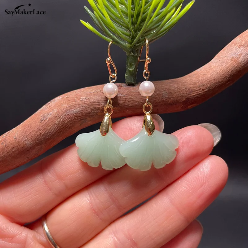 1Pair Retro Green Jade Ginkgo Leaf Style Pearl Drop Earring Chinese Ancient Style Hook Earrings For Women Gift