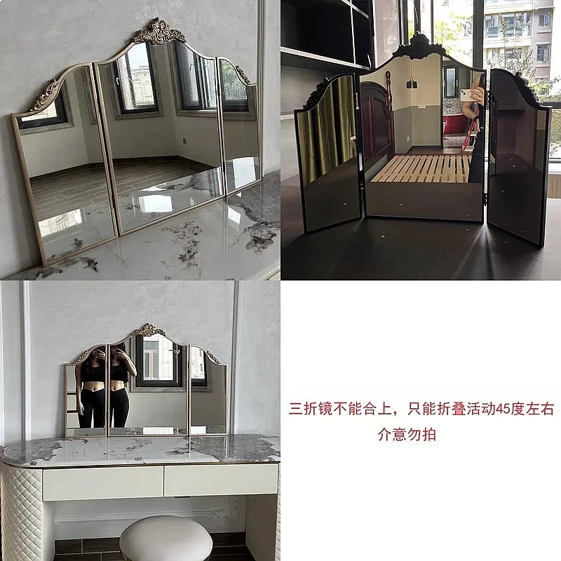 BJ French Vintage Vanity Mirror Foldable Three-Way Wall Mounted Bathroom Mirror Retro Vanity Table Mirror