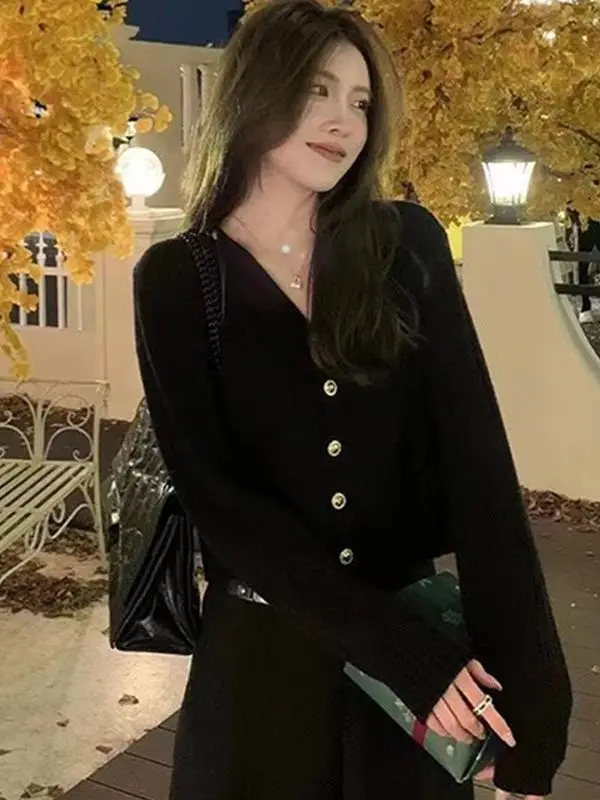 

Вязаный открытый кардиган большого размера с V-образным вырезом, женский модный облегающий уникальный красивый длинный топ-свеч для осеннего сезона