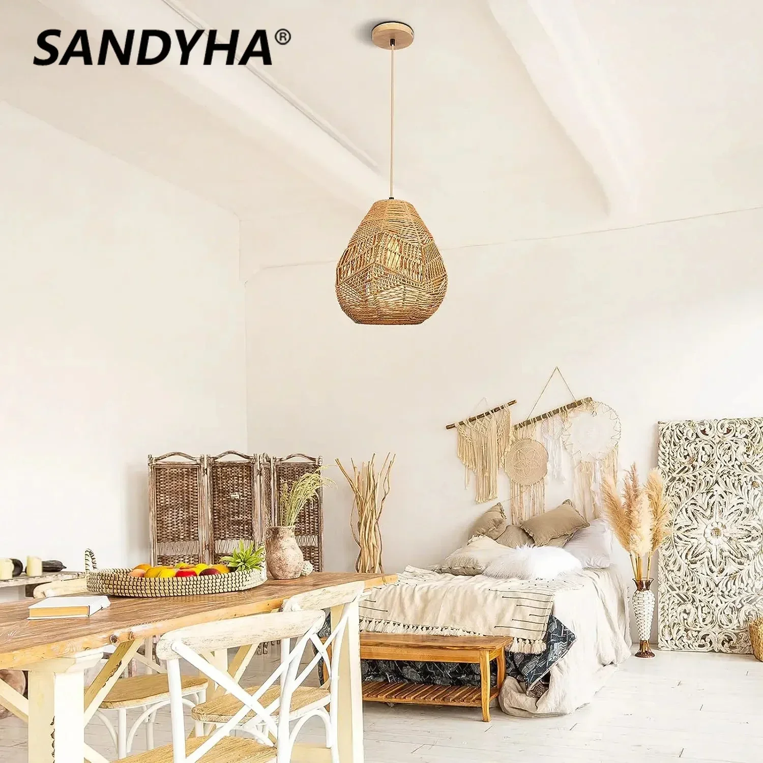 

SANDYHA Retro Style Chandelier Lamp Fiber Handmade Hollow Design Rattan Pendant Light Restaurant Bedroom Dining Room Home Decor