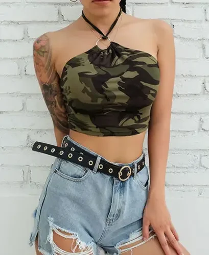 New Fashion Womens Camouflage Printed Vest Tops Sleeveless Ring Connect Halter Bustier Tops For Summer Wear Hot Sale S M L