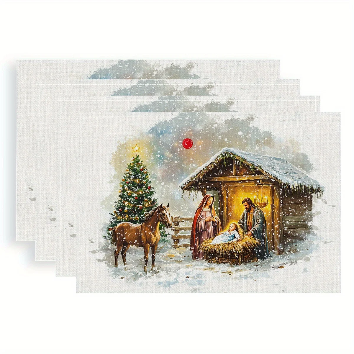 4pcs Festive Religious Holiday Placemats Traditional Style, Polyester Fabric, Digital Print Hand Washable 18x12 Inches