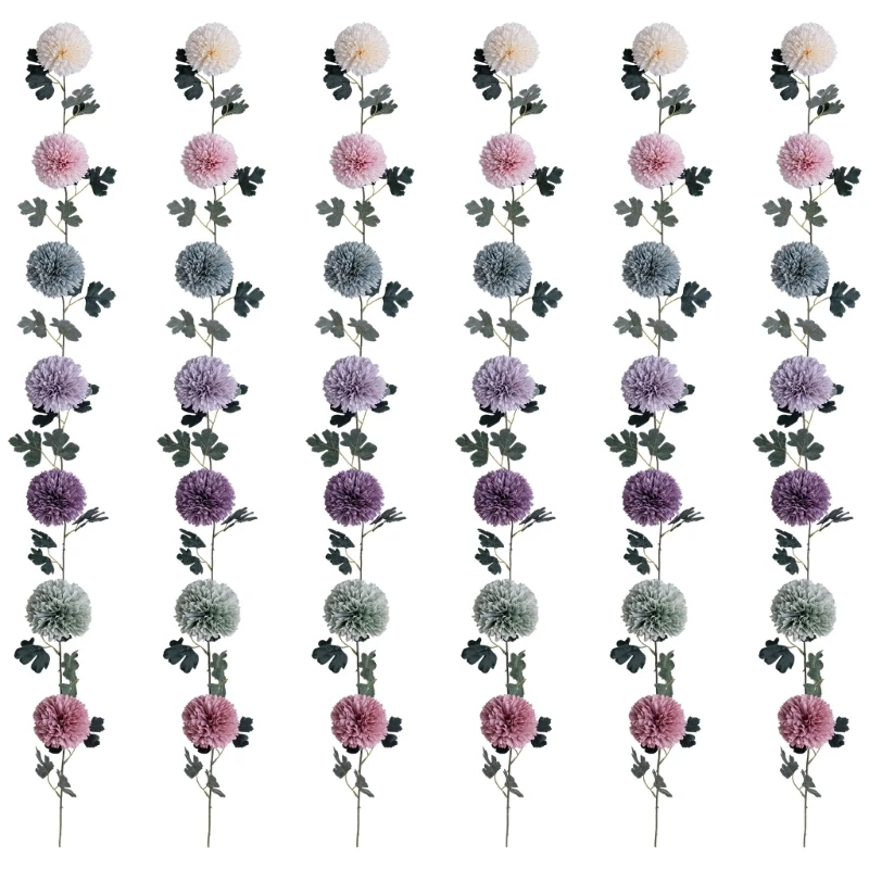 6PCS 22.2Inch Artificial Flower Balls with Leaves Bendable Silk Flower Stems For Wedding Parties Living Room Decoration 15UB