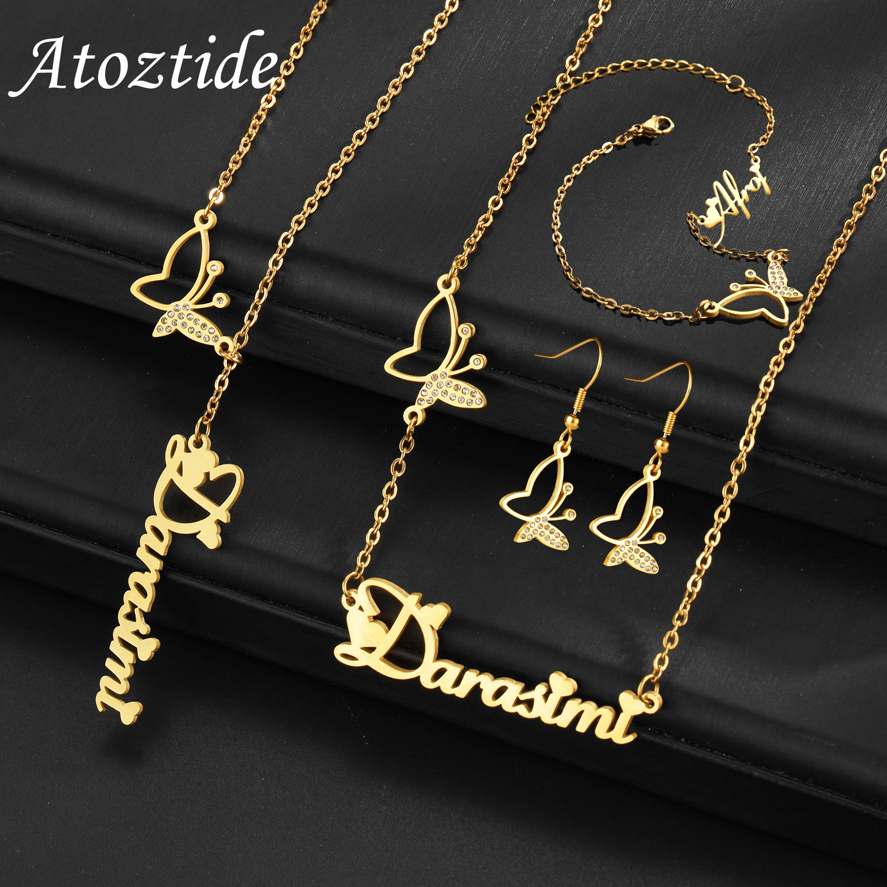 Atoztide Personalized Custom Name Jewelry Set Bracelet Necklace Earring Stainless Steel for Women Zircon Butterfly Birthday Gift