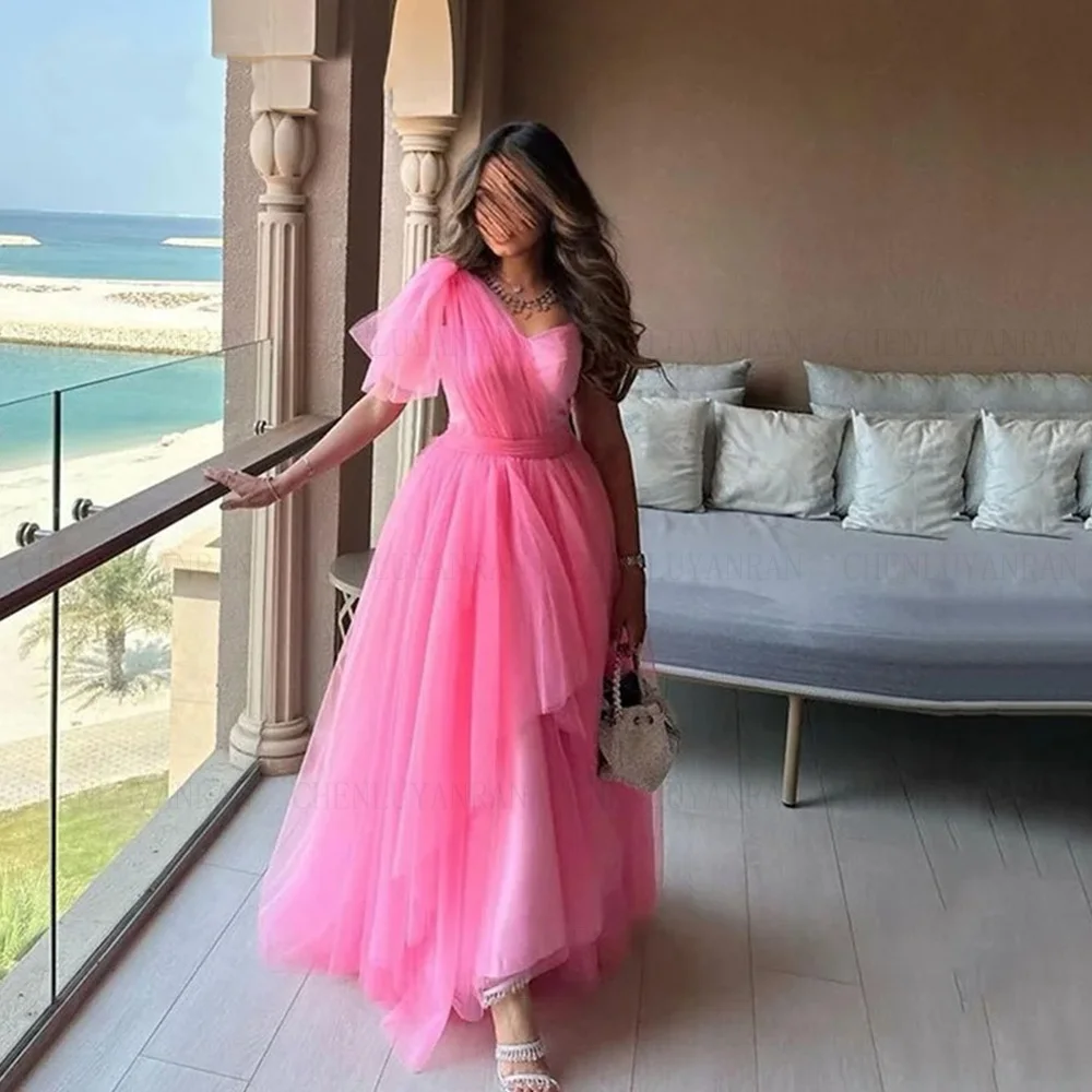 

Pink Tulle Formal Occasion Dress 2024 One-Shoulder A-line Sexy Prom Gowns Fashion Custom made Evening Party Gown فساتين الحفلات