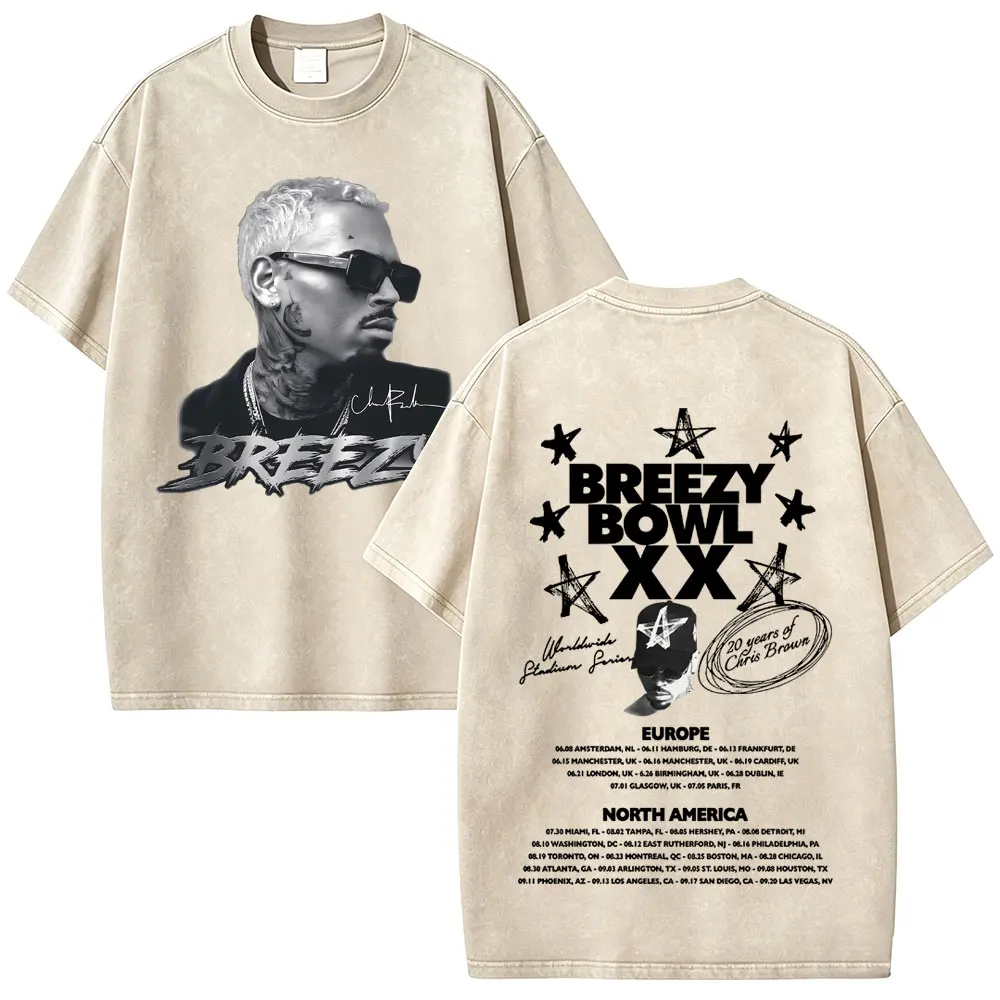 Washed Vintage Rapper Chris Brown Face Graphic T-shirt Men Women Hip Hop Fashion Oversized Short Sleeve T Shirts Tops Streetwear