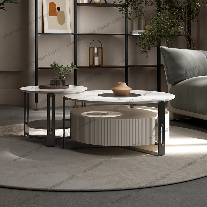 

CJItalian Style Light Luxury Rock Plate Coffee Table Combination Casual Modern Small Apartment Designer Retro Small Round Table