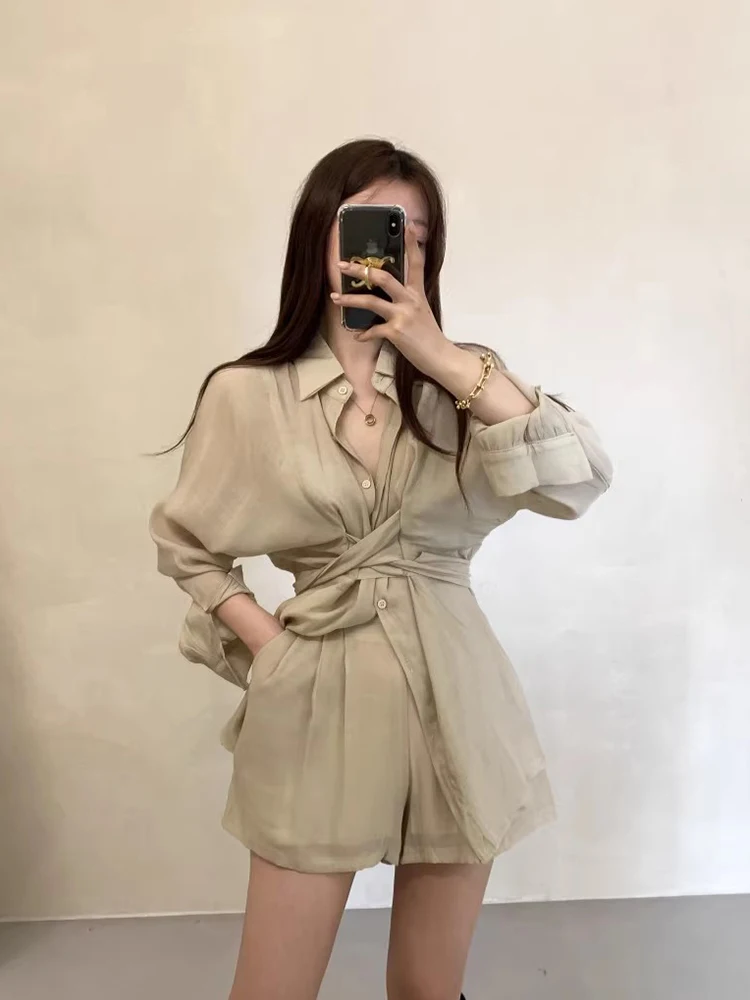 Irt Pinggang Simpul Selempang Musim Semi yang Cantik + Set Wanita Kaki Lebar Pinggang Tinggi Campuran Katun Ansambel Faionable