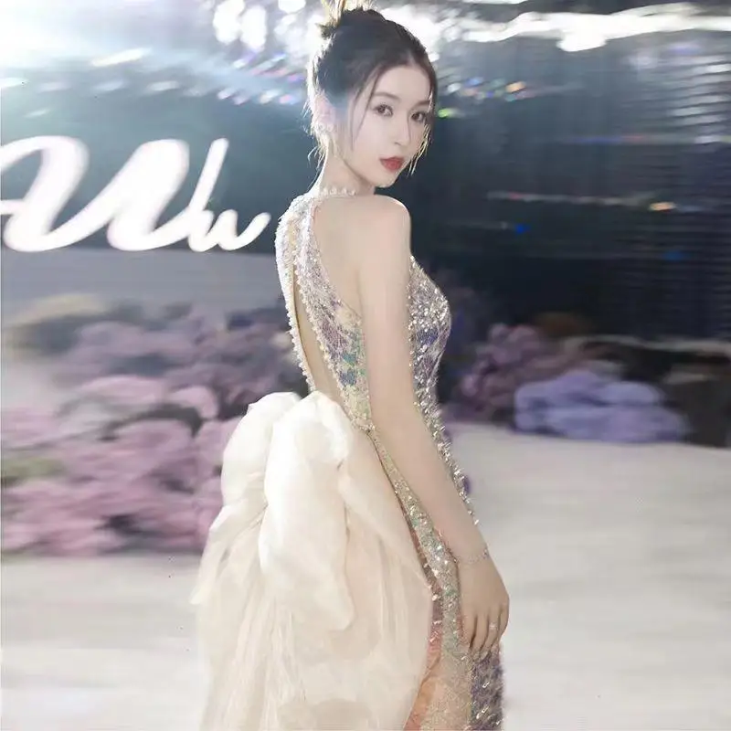Fishtail Skirt New backless sexy sequined bowknot training tail lady girl women prom evening dress performance dancer gown