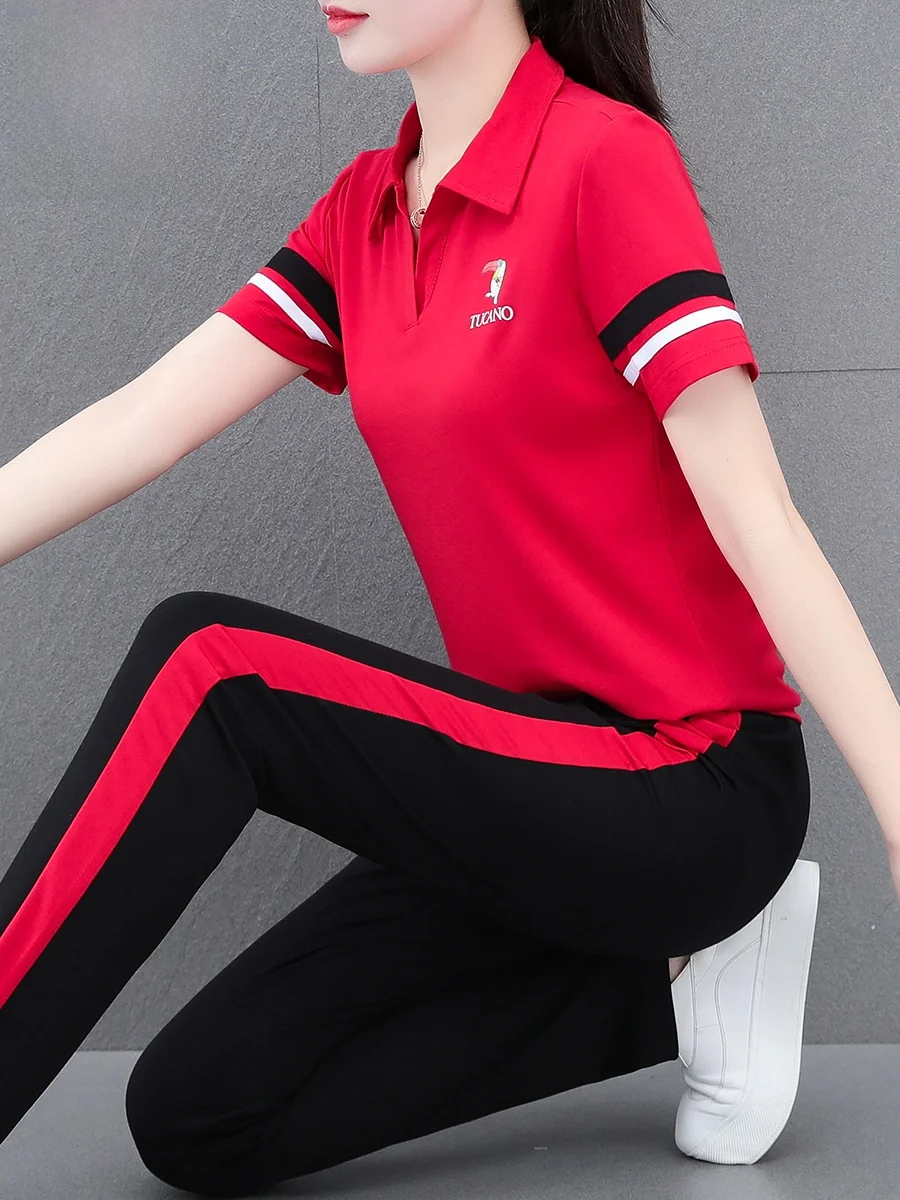 TUCANO 2024 Novo Conjunto de Verão Casual Esportivo em Algodão Gelado para Mães: Blusa Elegante de Manga Curta e Calça Comprida de Alta Performance (Duas Peças)