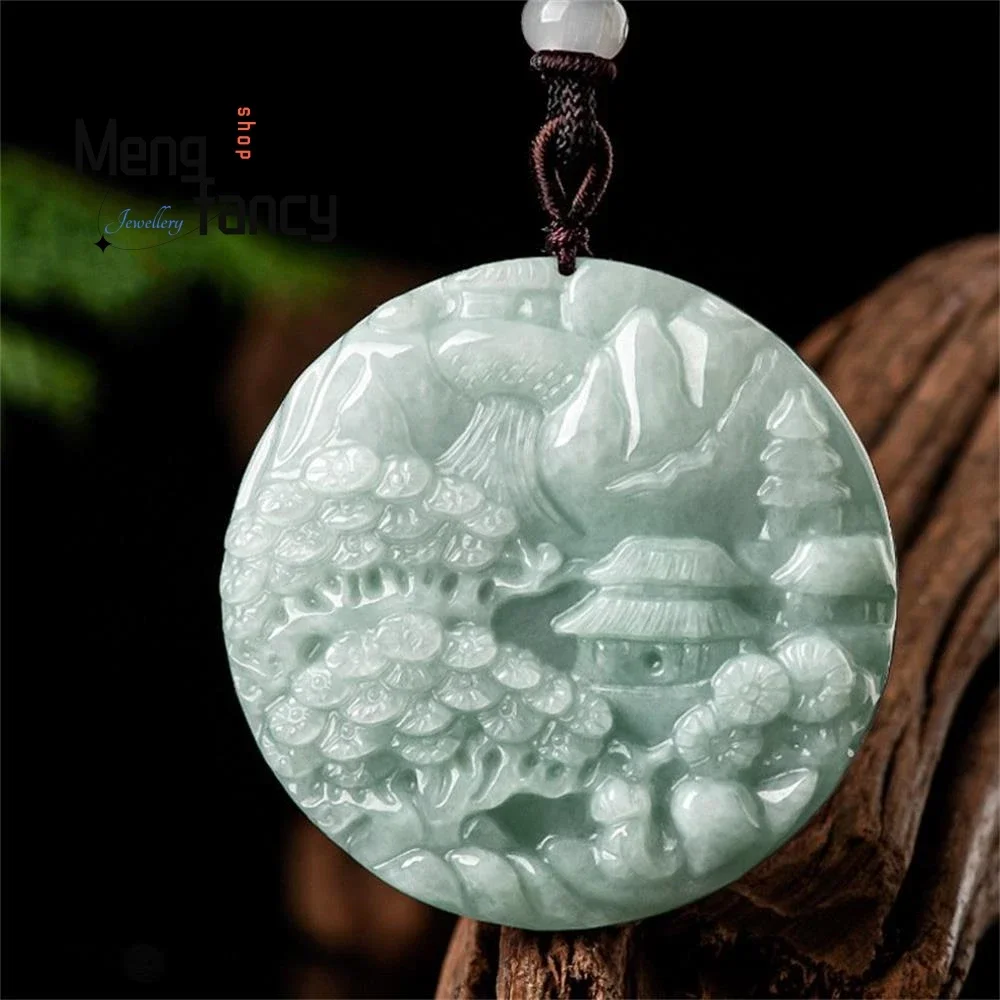 

Natural Myanmar A-goods Jadeite Landscape Plaque Jade Pendant Double-sided Carving Exquisite Luxury Fashion Jewelry Holiday Gift