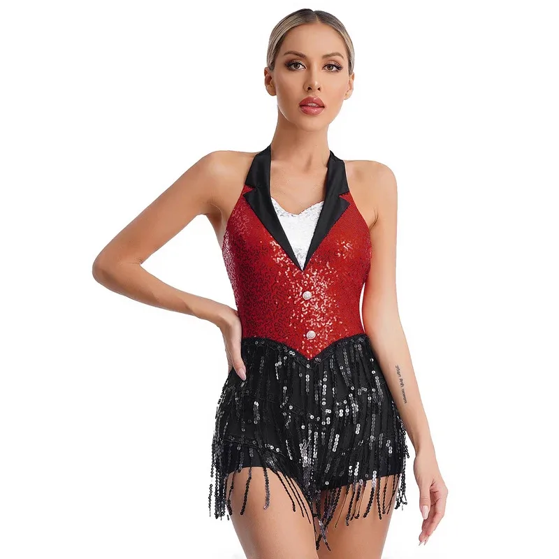 

Shiny Sequins Jazz Latin Dance Dress For Women Sparkly Tassel Leotard Bodysuit Sleeveless Salsa Tango Dance Performance Costume