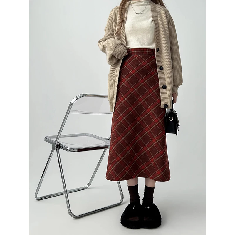 MiiiiX Retro Style Elegant Red Plaid Woolen Long Skirt Women 2024 Autumn New Fashion Midi Sheath A-line Skirt Female Clothes