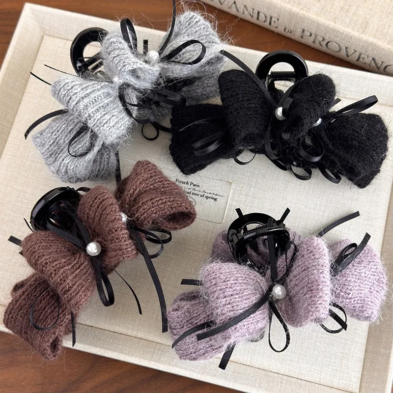 1pc Autumn/winter Korean-style yarn pearl ribbon bow hair claw, new high-end exquisite bun shark clip hair accessory