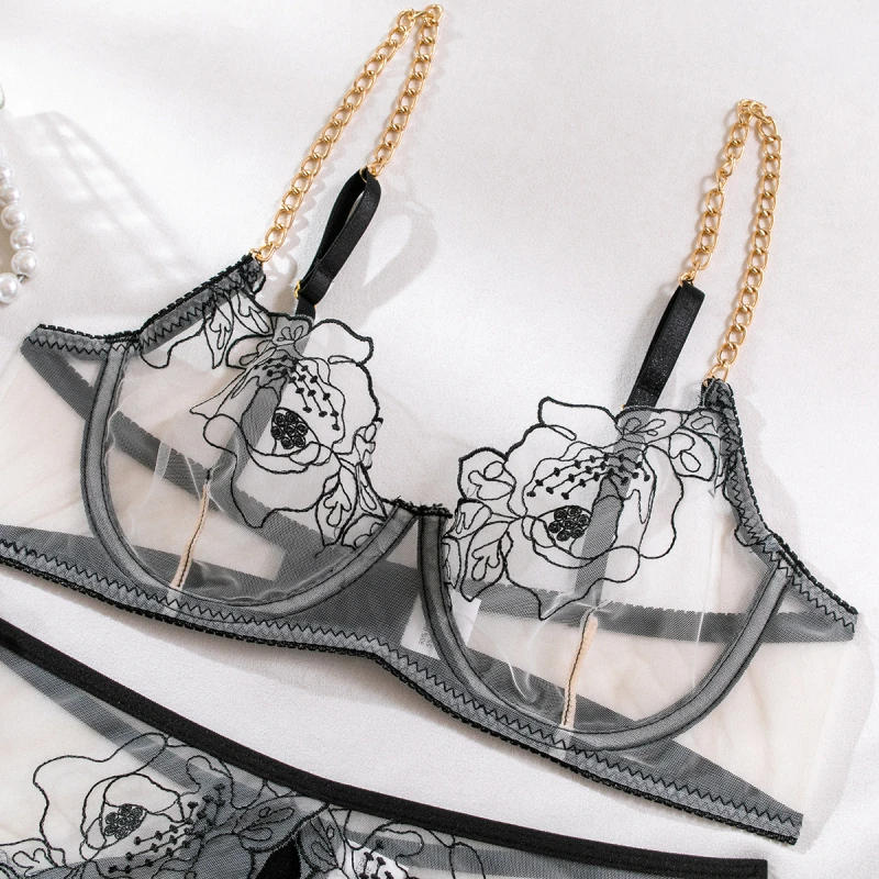 Bikini moda sexy bordado cadena de metal conjunto de lencería traje de baño