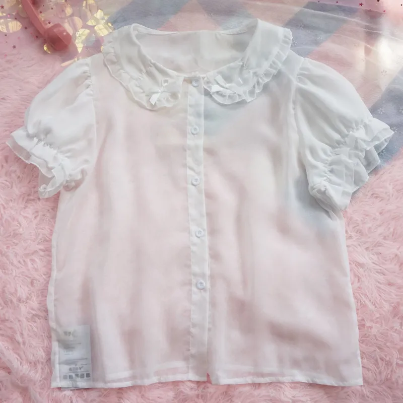 Japanese Lolita Perspective Basic Shirt New Spring Summer Students Peter Pan Collar Top Cute Bow Puff Short Sleeve Women Blouses