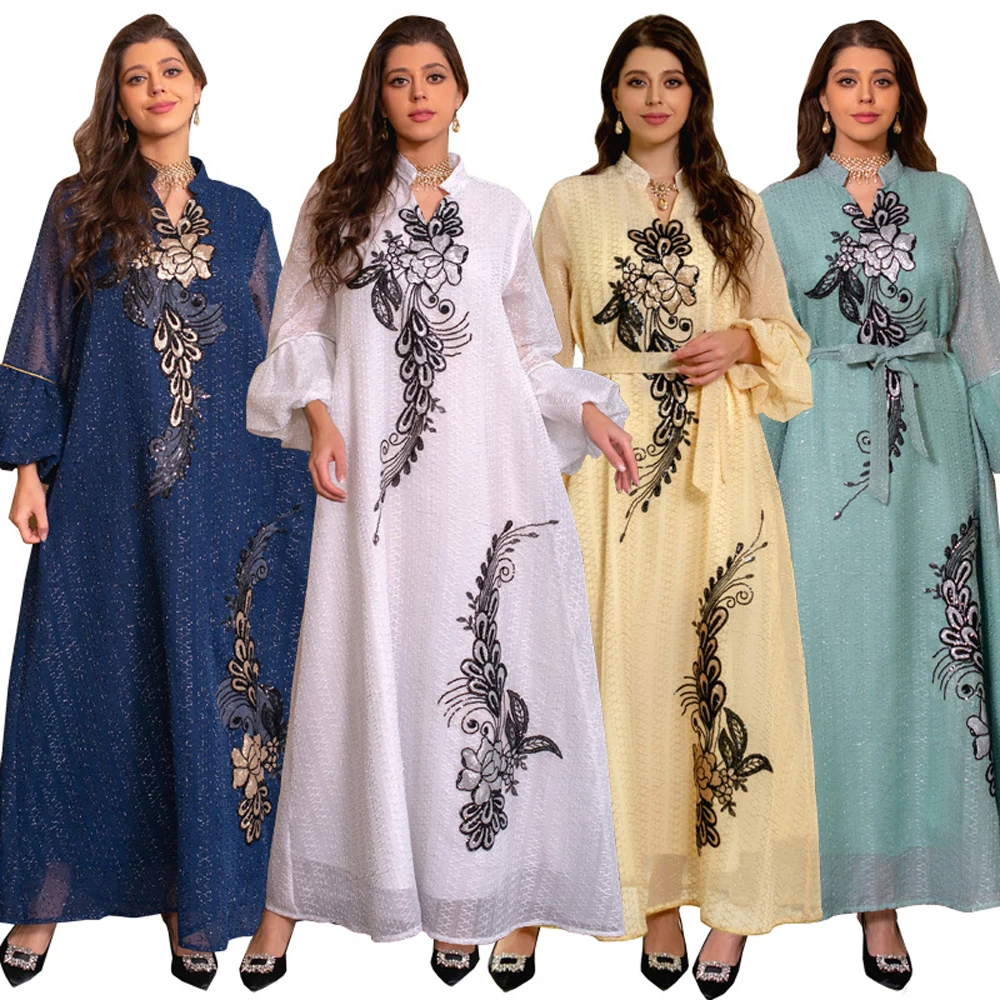 

Green Blue White Muslim Long Abaya Dress Dubai Moroccan Caftan Woman Ramadan Jalabiya Elegant Quality Clothing Plus Size Dresses