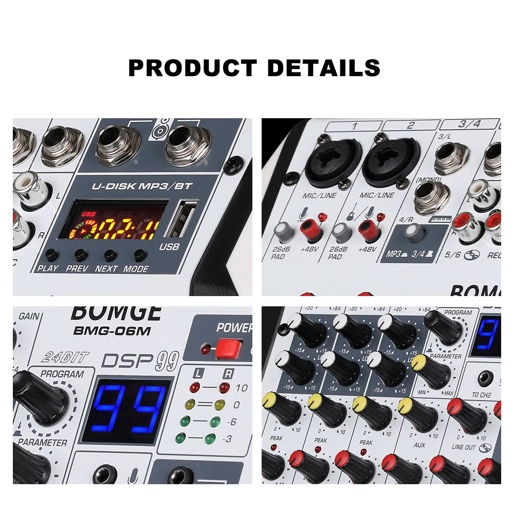 Professional DJ Audio Mixer 6 Channel Bluetooth Controller Sound console USB Audio Interface with 48V 24-Bit 99DSP Processor