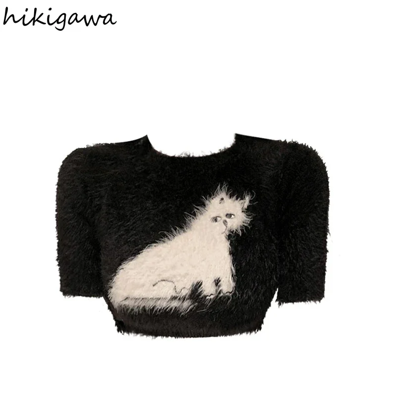 Knitwear Cropped Pullovers Women\'s Clothing O-neck Short Sleeve Cat Print Jumper Pull Femme Sweet Pink Knitted Sweater Y2k Tops