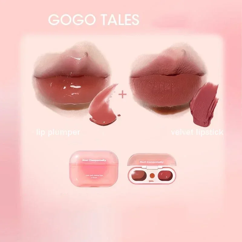 GOGO TALES-Double Lip Gloss, acabamento espelhado, cor nua, batom coreano, lama de lábios antiaderente, duradoura, maquiagem vegana