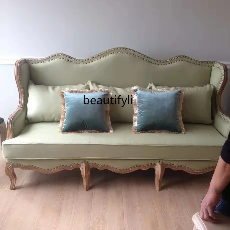

xzAmerican Country Sofa Fabric Solid Wood Double Retro French Pastoral Style Nordic Light Luxury